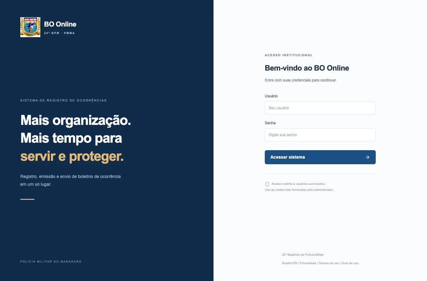 Tela de login do BO Online com campos Usuário e Senha